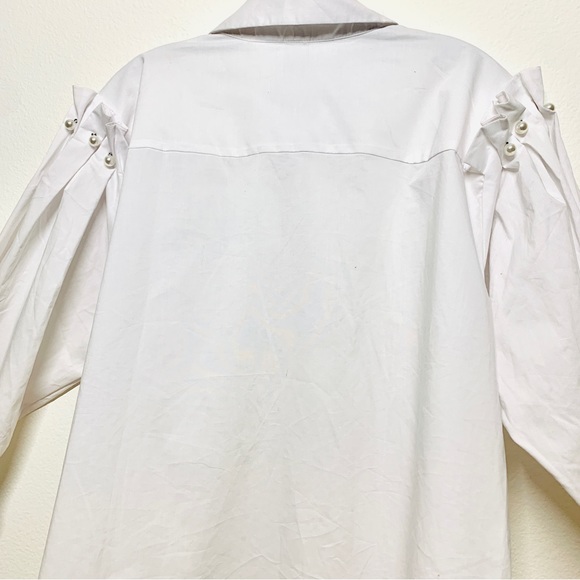 Ashley Stewart Balloon Pearl Sleeve Deconstructed White Blouse - Picture 5 of 5